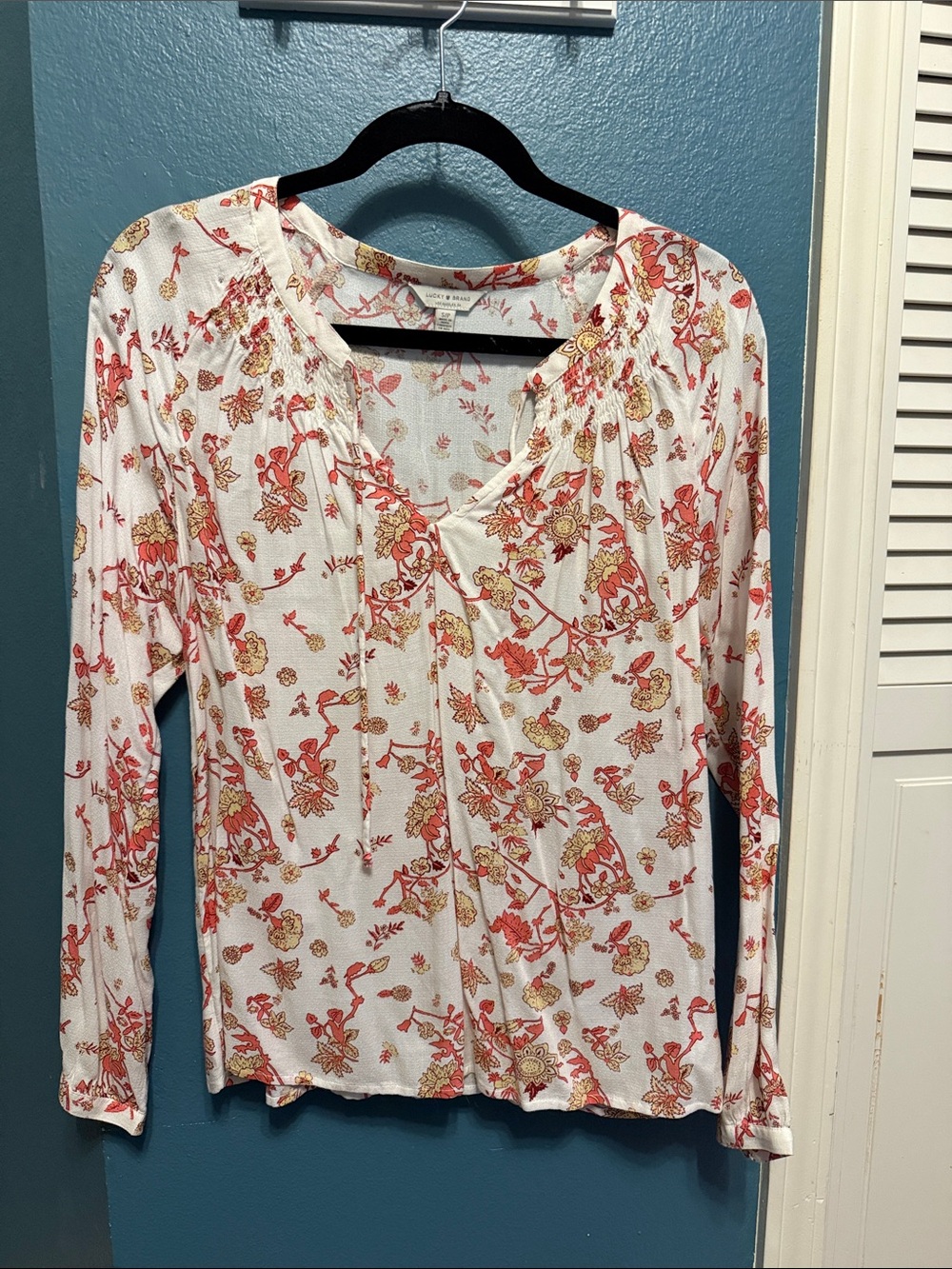 Lucky Brand White Long-Sleeve Floral Peasant Top
